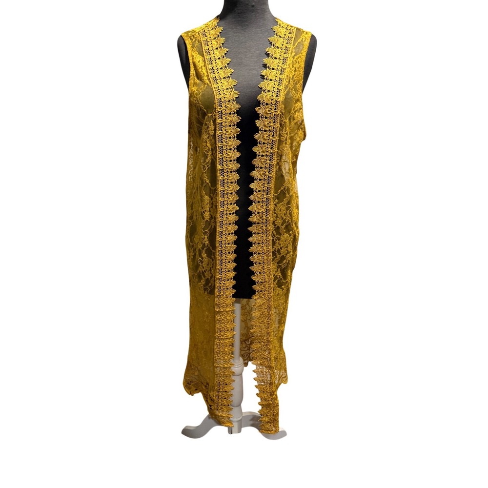 Polly & Esther Mustard Yellow Floral Lace Duster Vest Longline Sleeveless L